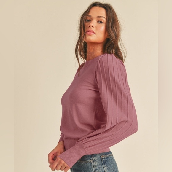 Sioni Sweaters - Sioni Mauve Crewneck Sweater with Long Semi Sheer Pleated Sleeves Size S
